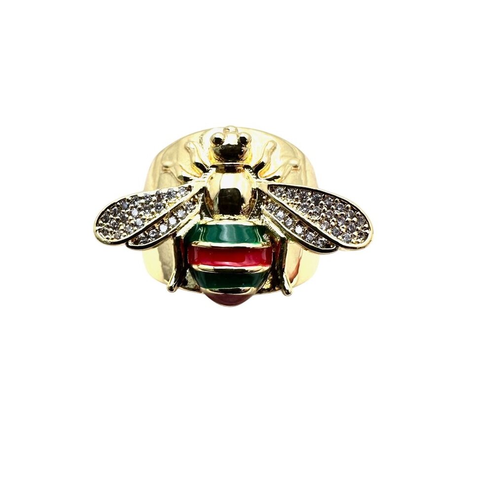 Womens Bee Ring Clear Crystals Red Green Black Enamel Gold Plated Adjustable